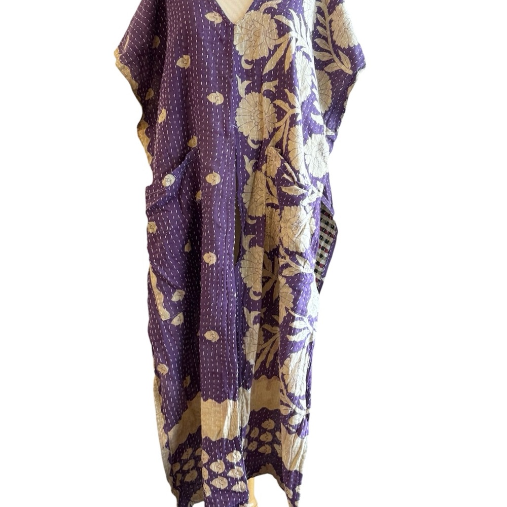 Kantha Bae Upcycled Vintage Textile Purple and Cream Floral Split Mu Dress